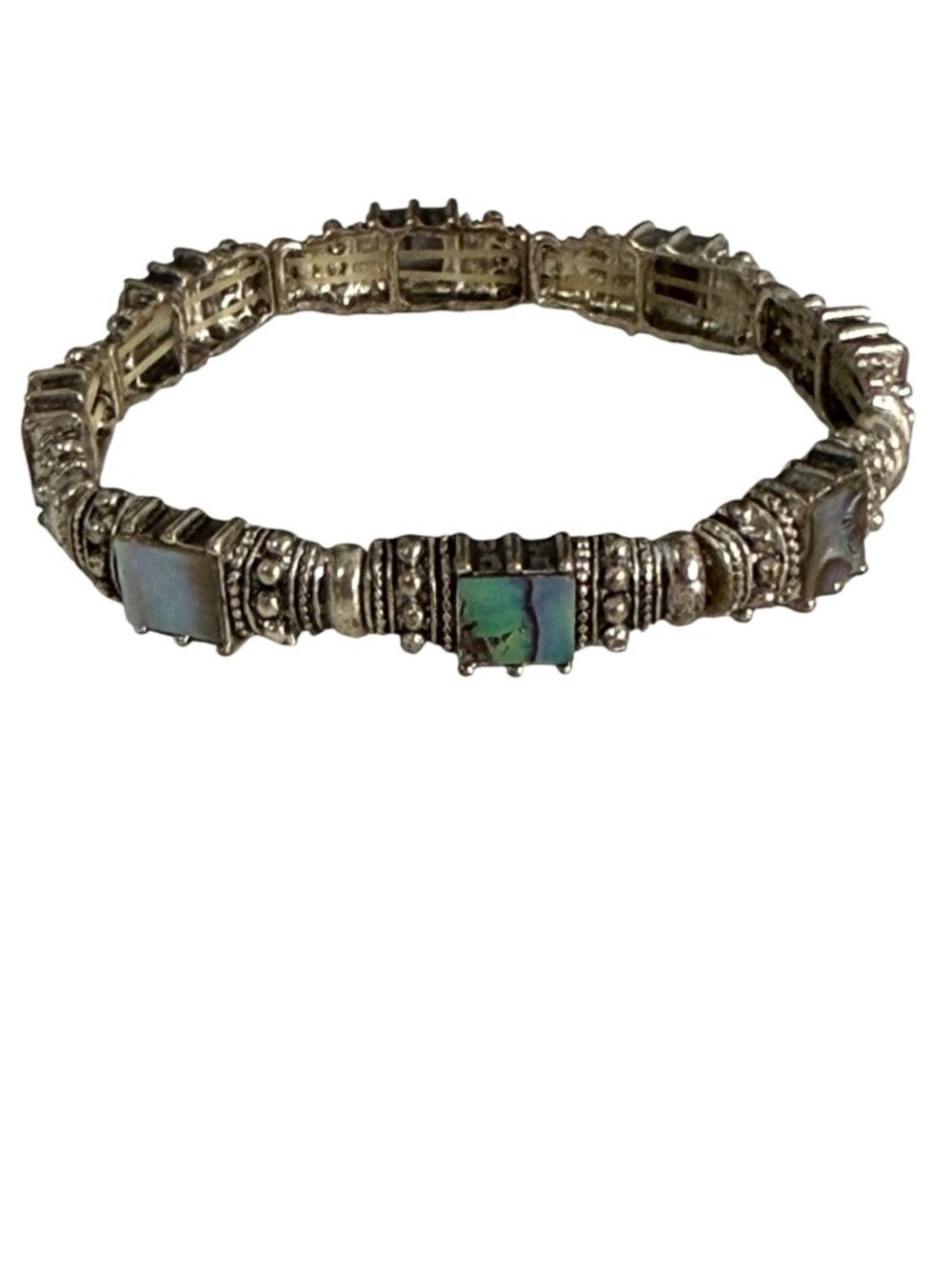 Vintage Abalone Shell Stretch Bracelet Silver Tone Rhinestone Panel Statement Je